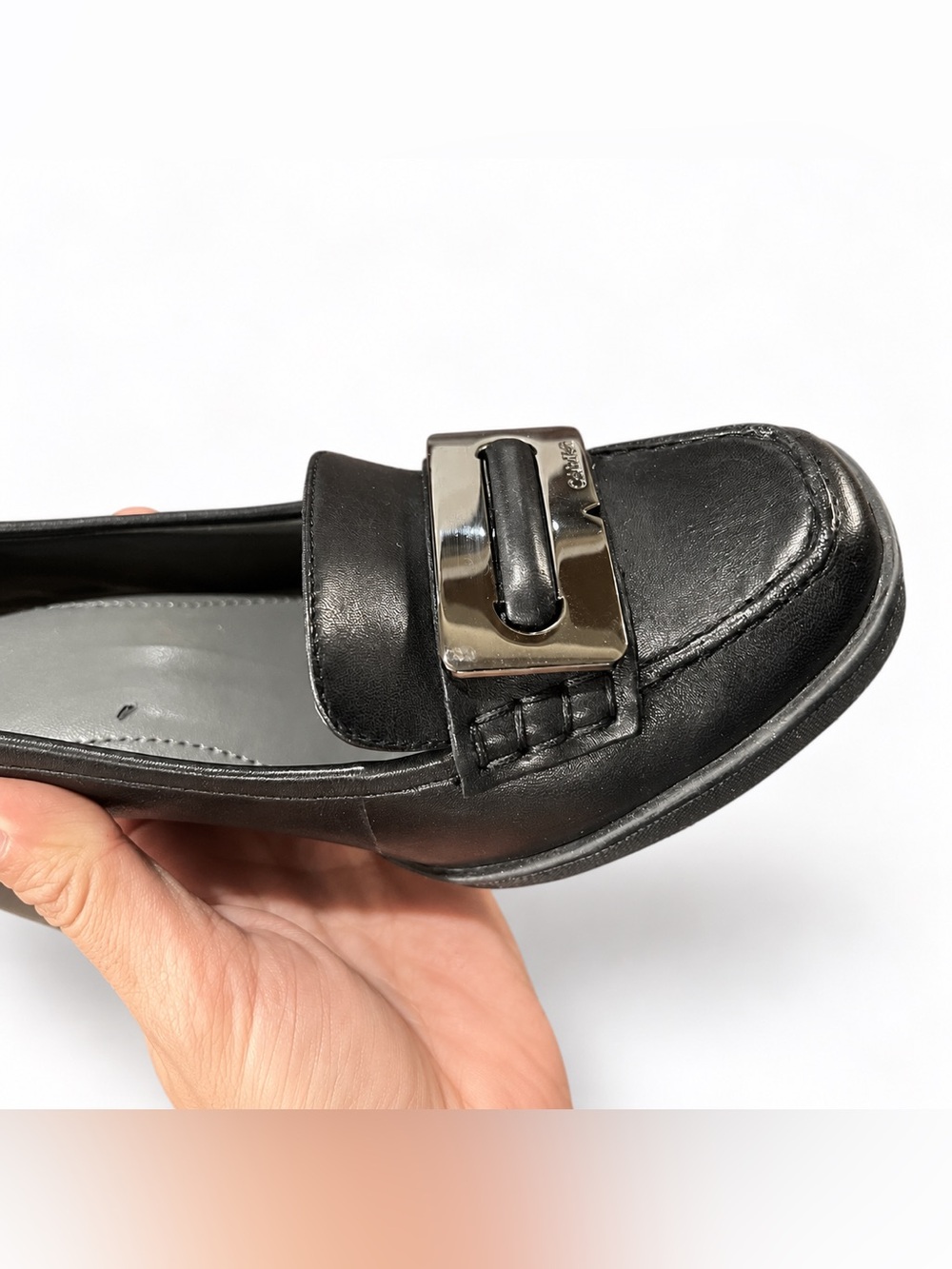 Vintage 90s Calvin Klein Black Leather Square Toe Loafer Pumps Y2K Block Heels - Picture 6 of 10